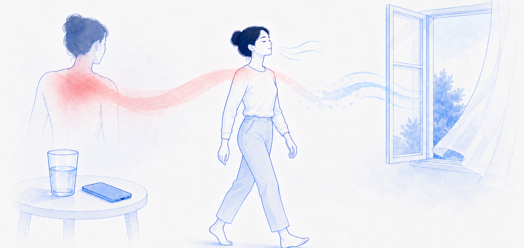 GROSSE ILLUSTRATION MIT DER FRAU AM FENSTER Illustration einer Frau auf dem Weg zu einem offenen Fenster – Symbol für Klarheit, Veränderung und eine neue Entscheidung.